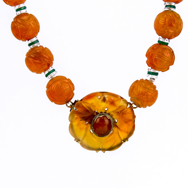 Art Deco Carved Carnelian, Rock Crystal, Chrysoprase and 14 Karat Yellow Gold Necklace.