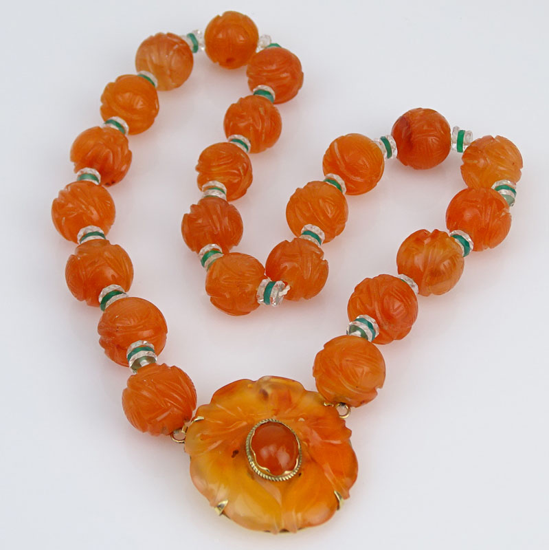 Art Deco Carved Carnelian, Rock Crystal, Chrysoprase and 14 Karat Yellow Gold Necklace.