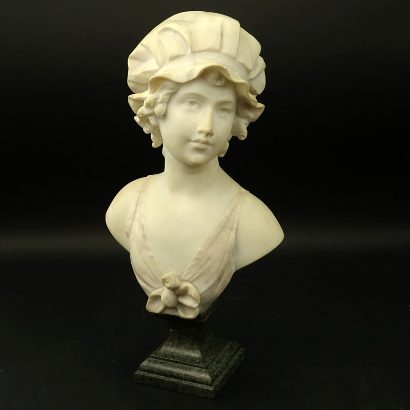 Adolfo Cipriani, Italian (act. 1880-1930) "Fanciulla con Cappello" Carved Marble Bust on Green Marble Base.