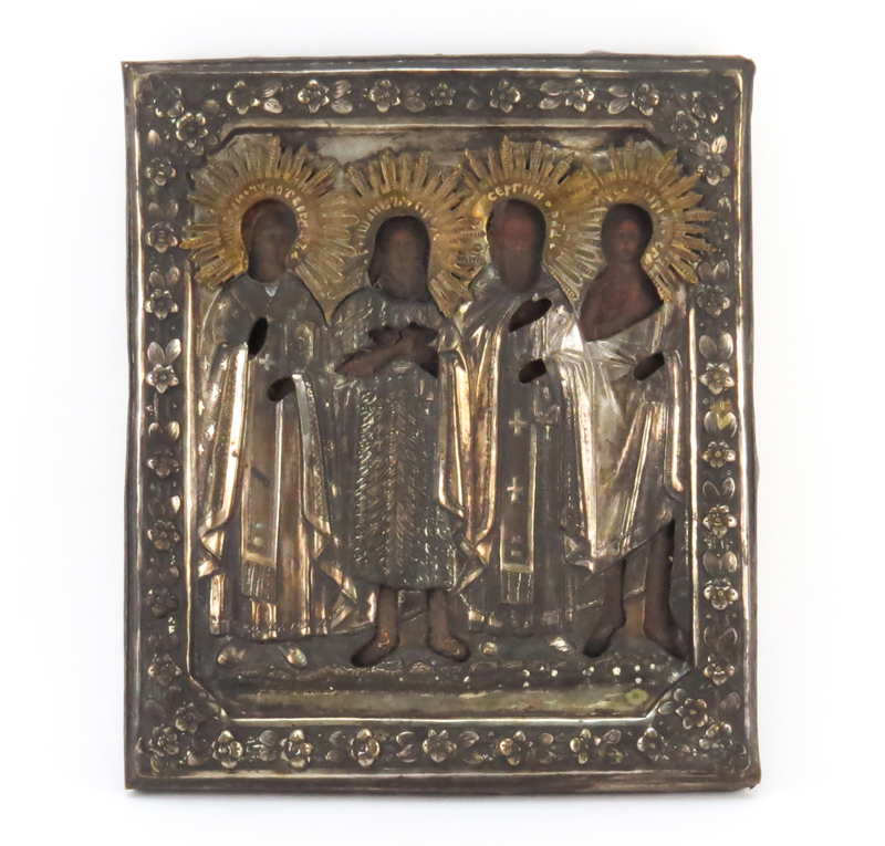 19th Century or Earlier Russian Hand Painted Icon With Silver Plate Overlay On Cradled Panel.