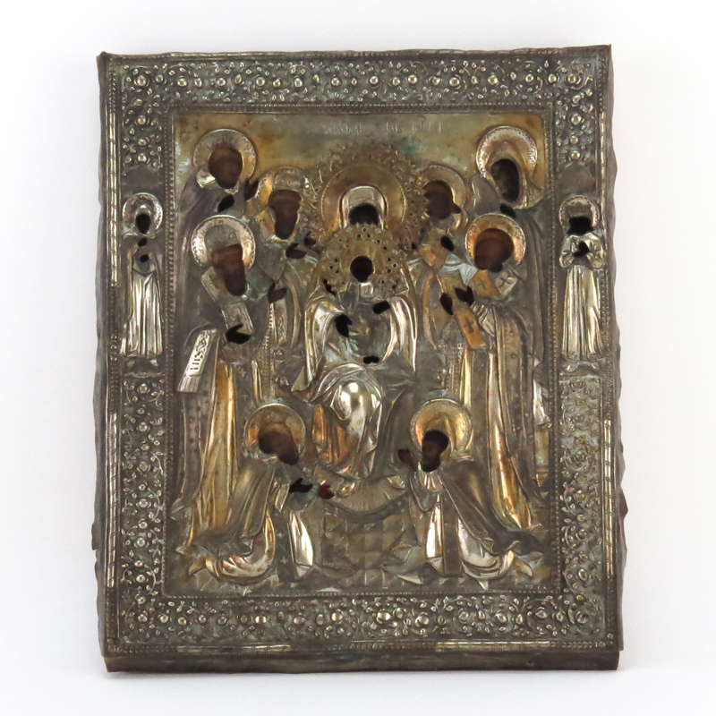 19th Century  Hand Painted Wood Icon With Silvered Brass Overlay.