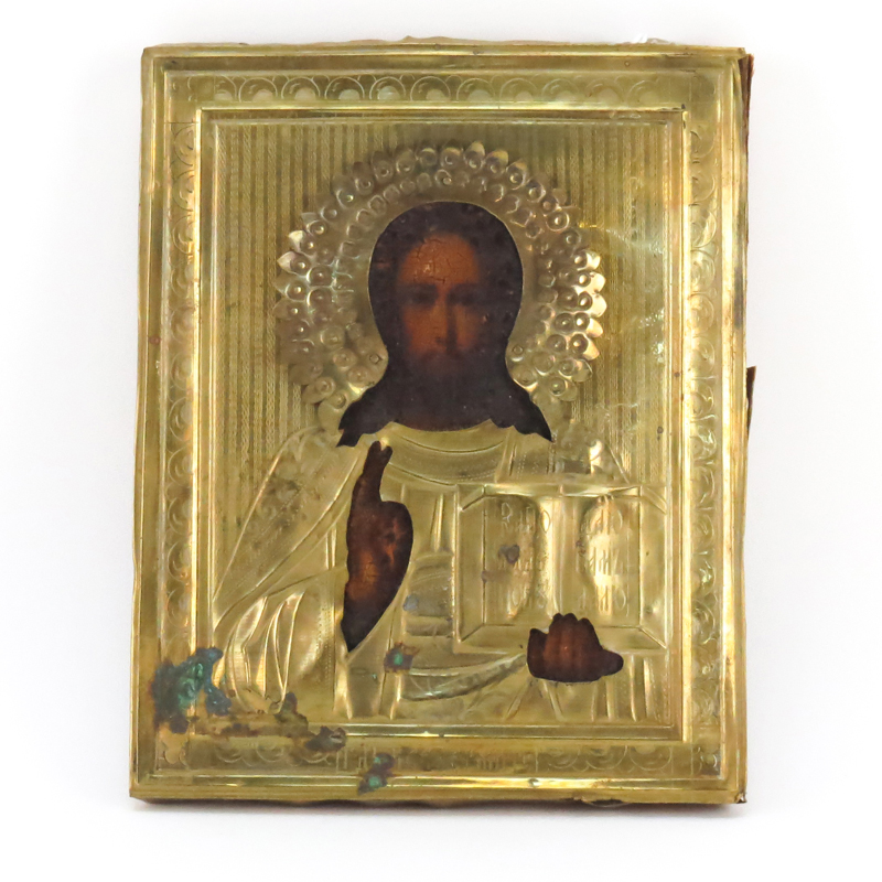 19th Century Russian Hand Painted Wood Icon With Brass Overlay.