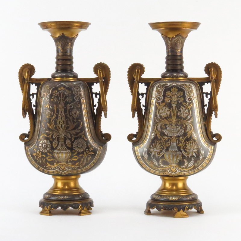 Pair 19th Century French Bronze Niello Urns.