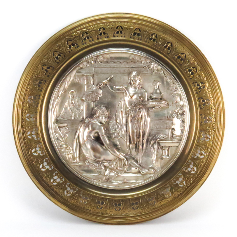 Large 19/20th Century French Gilt And Silvered Bronze Relief Plaque. "Bathsheba and David" in a circular pierced Gothic style fire-gilt brass frame. Signed E. Picault.
