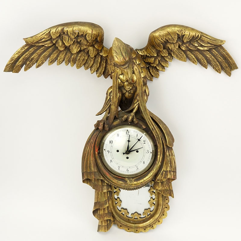 18/19th Century Continental Carved Gilt Wood Eagle Wall Clock. Pendant & Key Included.