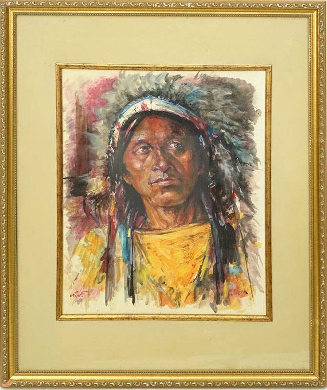 Attributed to: Nikolai Fechin, Russian (1881-1955) Watercolor on Paper, Portrait of Native American. Artist monogram N.F. lower left. 