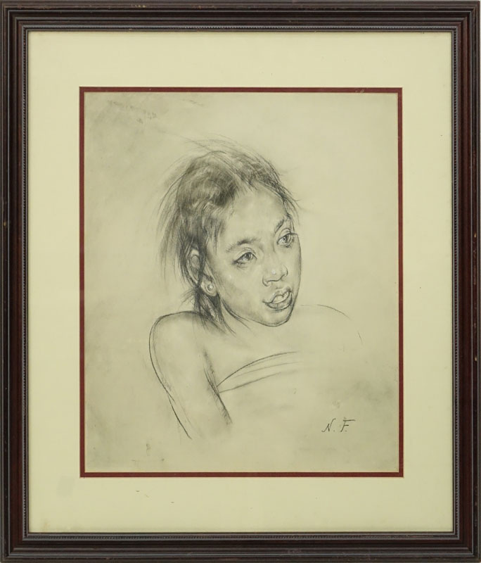 Attributed to: Nikolai Fechin, Russian (1881-1955) Charcoal on Paper, Portrait of Woman. 