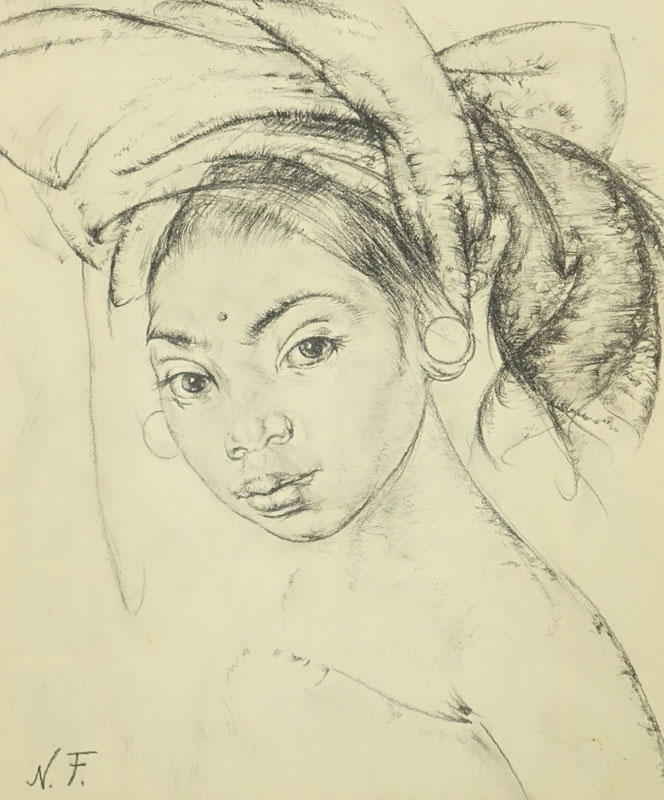 Attributed to: Nikolai Fechin, Russian (1881-1955) Charcoal on Paper, Portrait of Woman.