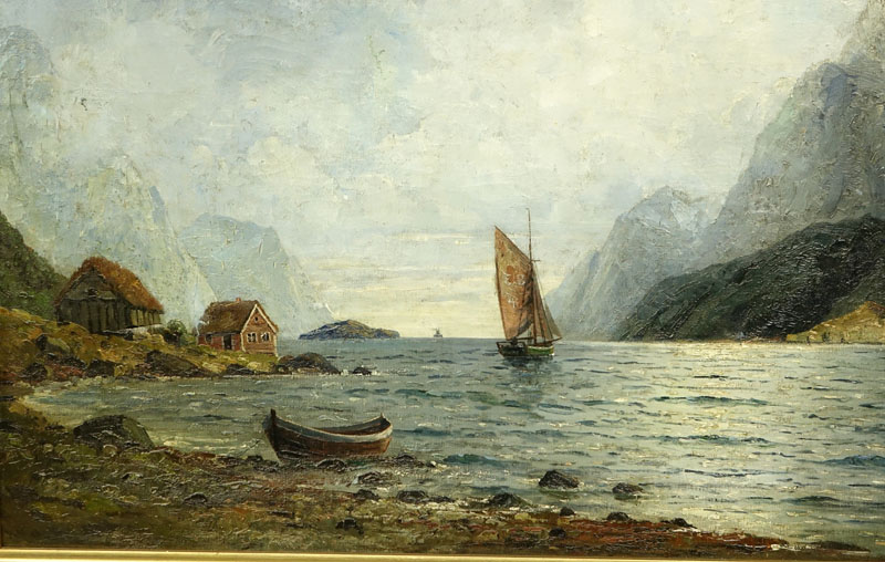 Nikolai Nikanorovich Dubovskoy, Russian (1859-1918) Oil on canvas "Sail Boat Through The Mountains" 