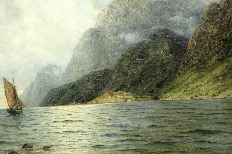 Nikolai Nikanorovich Dubovskoy, Russian (1859-1918) Oil on canvas "Sail Boat Through The Mountains" 