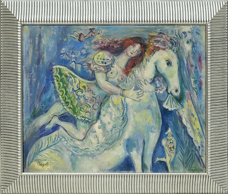 After: Marc Chagall, French/Russian (1887-1985) "Danseuse au Cirque" Oil on Canvas Signed Lower Left. 