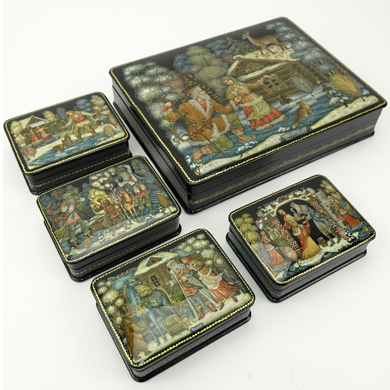 Collection of Five (5) Russian Black Lacquer Boxes.