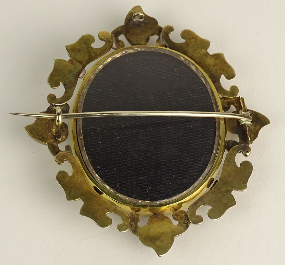 Large Victorian Gold Filled Mourning Brooch with Hair Art.