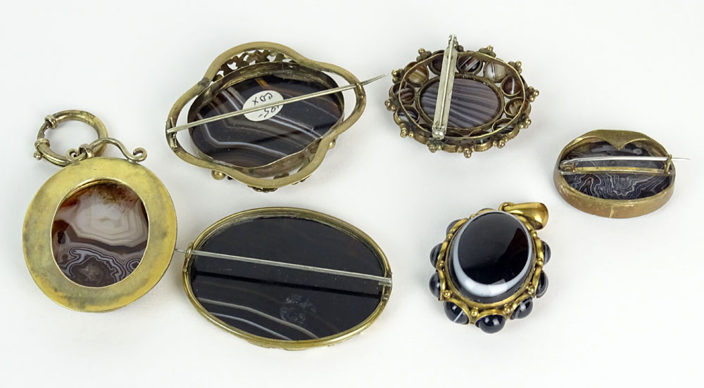 Collection of Six (6) Victorian Agate and Gold Filled Brooches.