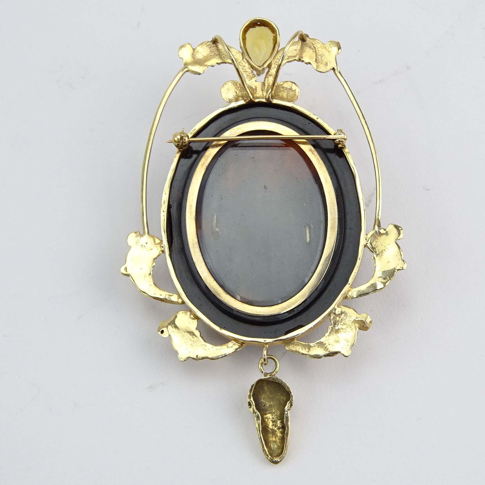 Victorian 14 Karat Yellow Gold and Tortoise Shell Pendant/Brooch with Citrine and Diamond Accents.