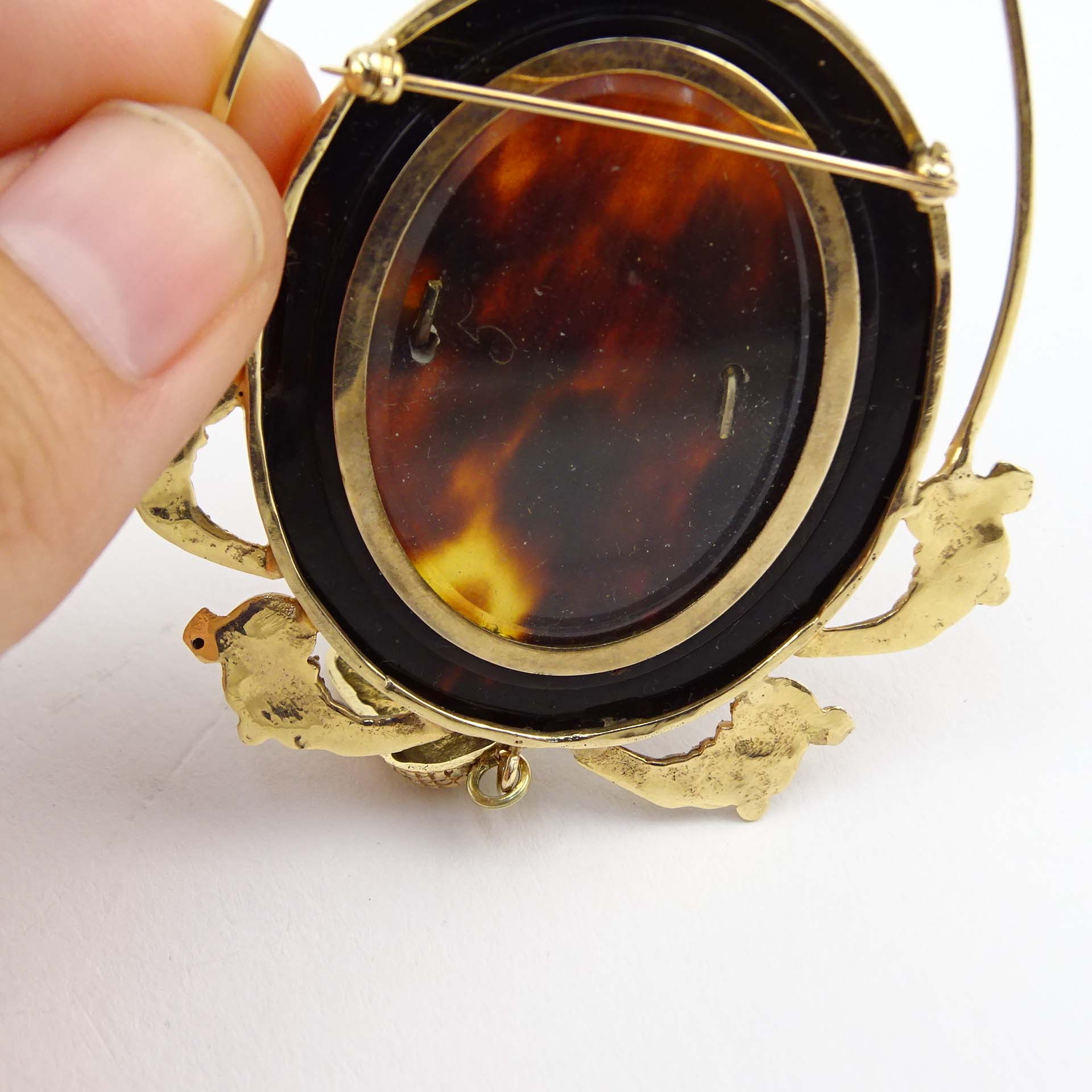 Victorian 14 Karat Yellow Gold and Tortoise Shell Pendant/Brooch with Citrine and Diamond Accents.