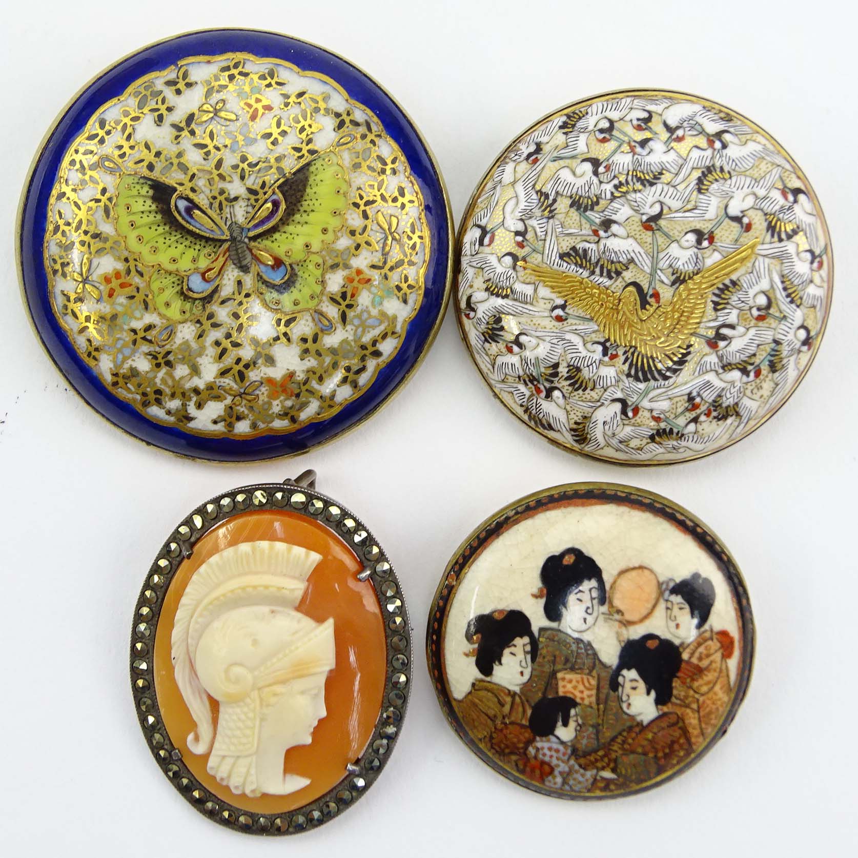Collection of Three (3) Japanese Satsuma Porcelain Brooches together with One (1) Carved Shell Cameo Pendant Brooch.