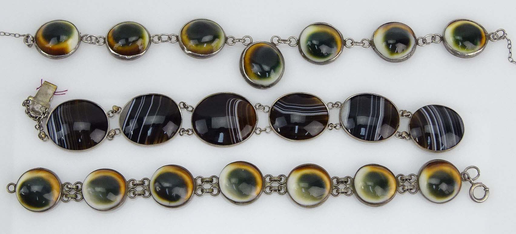 Vintage Cats Eye Operculum Shell and Silver Bracelet and Necklace Suite; Agate and Silver Bracelet and Agate and Gold Tone Metal Pendant.