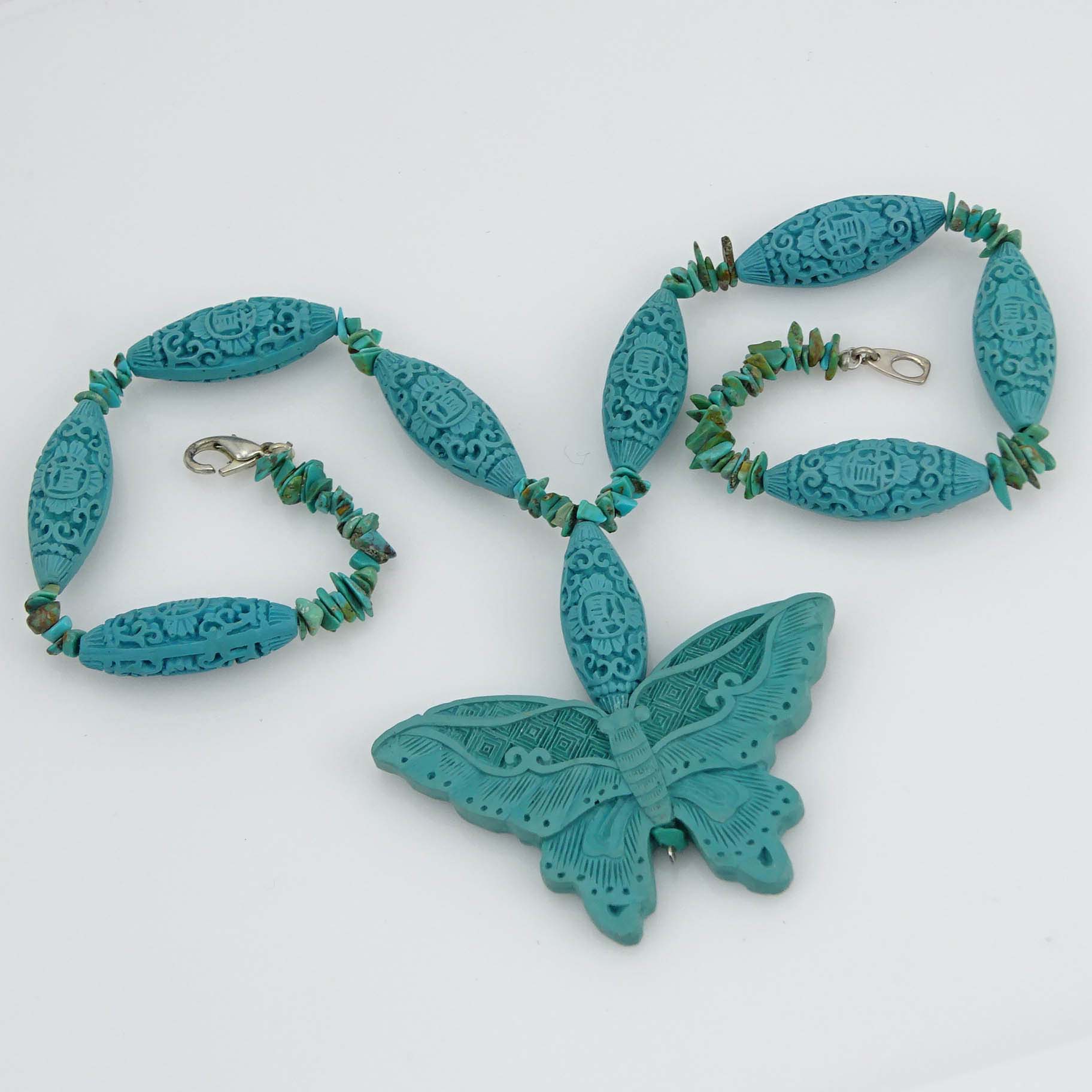Vintage Chinese Turquoise Bead and Decorative Faux Carved Lacquer Bead Necklace with Butterfly Pendant.