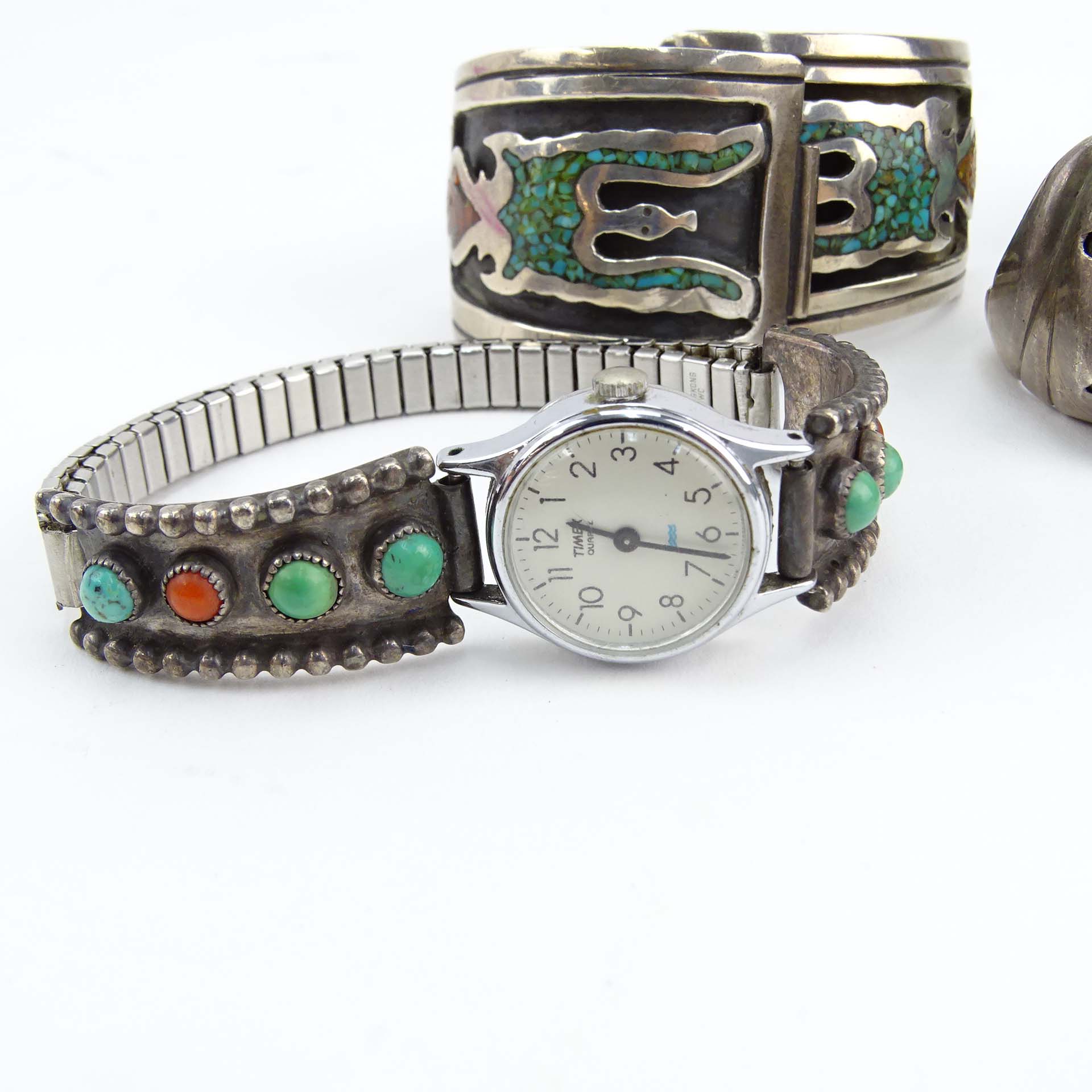 Vintage Seven (7) Piece Collection of Navajo or Navajo style Sterling Silver and Turquoise Jewelry.