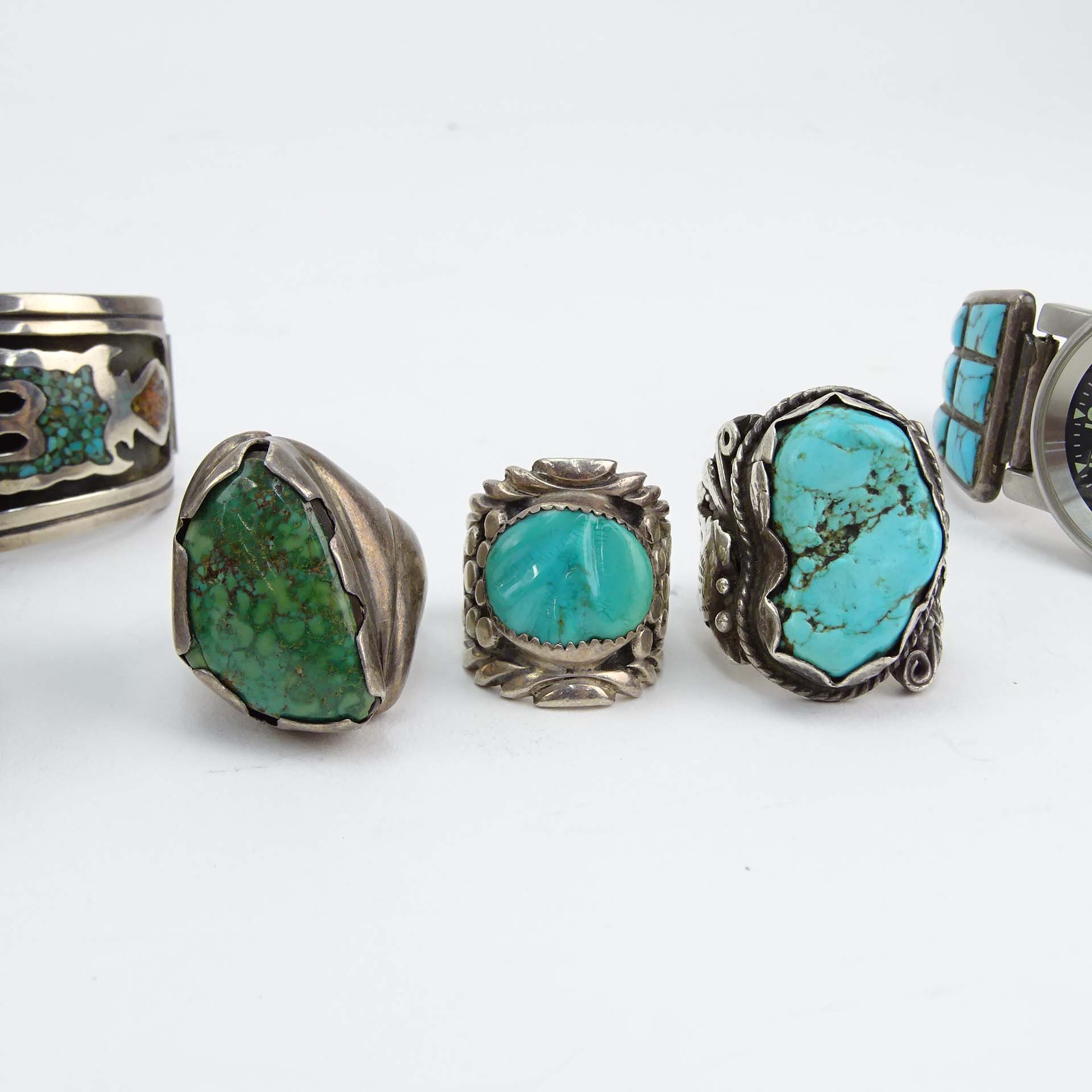 Vintage Seven (7) Piece Collection of Navajo or Navajo style Sterling Silver and Turquoise Jewelry.
