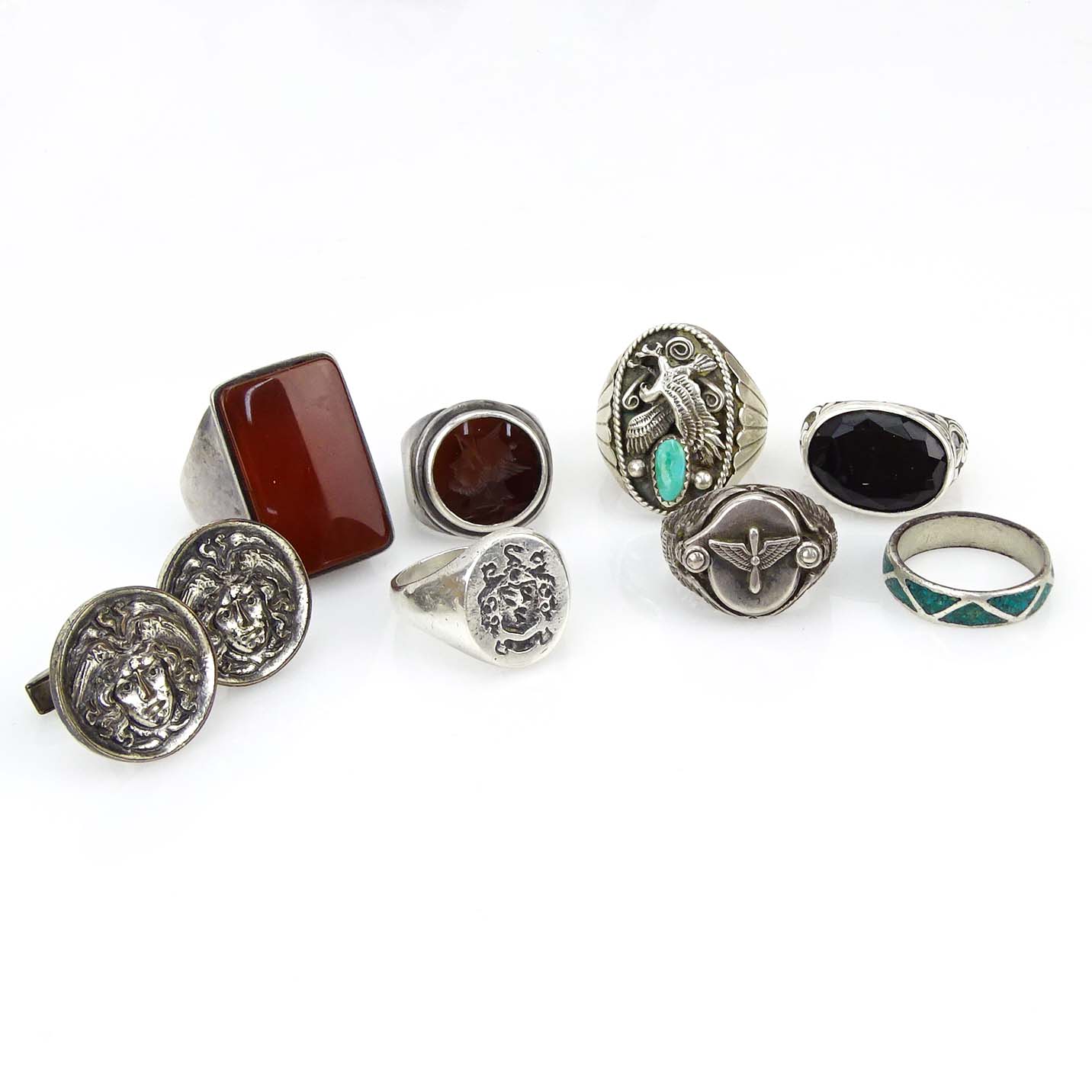 Collection of Sterling Silver Rings and Cufflinks.
