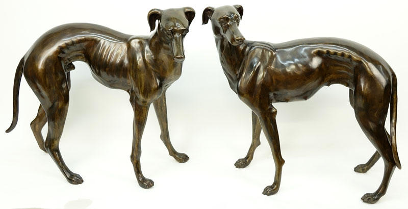 Pair of Life Size Patinated  Bronze Greyhound/Dog Sculptures.