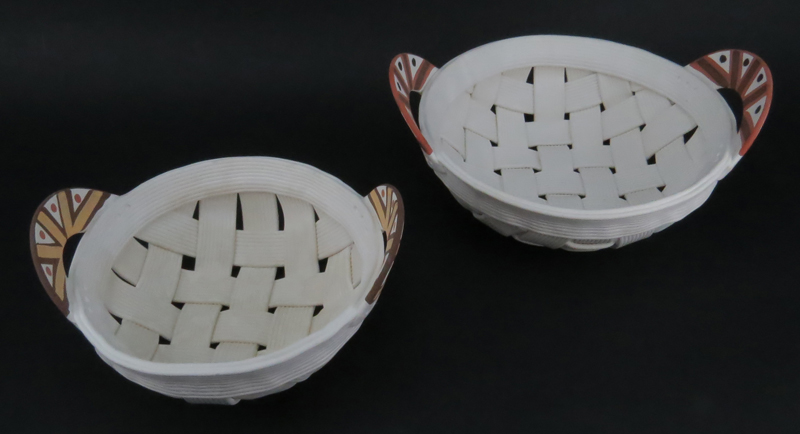 Collection of Four (4) Contemporary Mexican Hand Painted Clay Woven baskets.