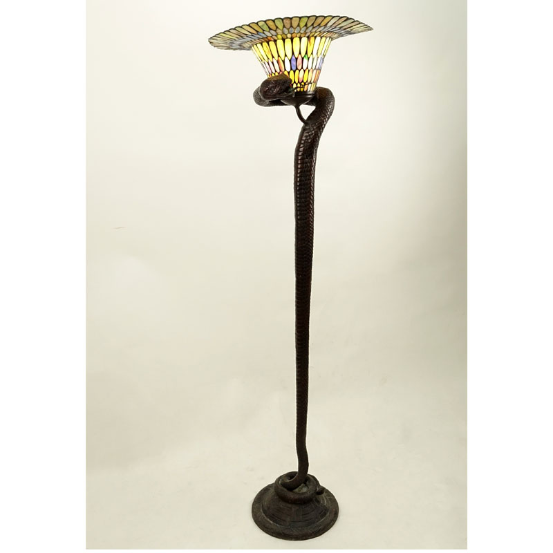 After: Edgar Brandt, French (1880-1960) "Cobra" Polychrome Composition Floor Lamp with Stained Glass Shade. 