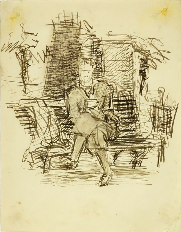 Circa 1920's European School Ink On Paper "Man Seated On Bench".