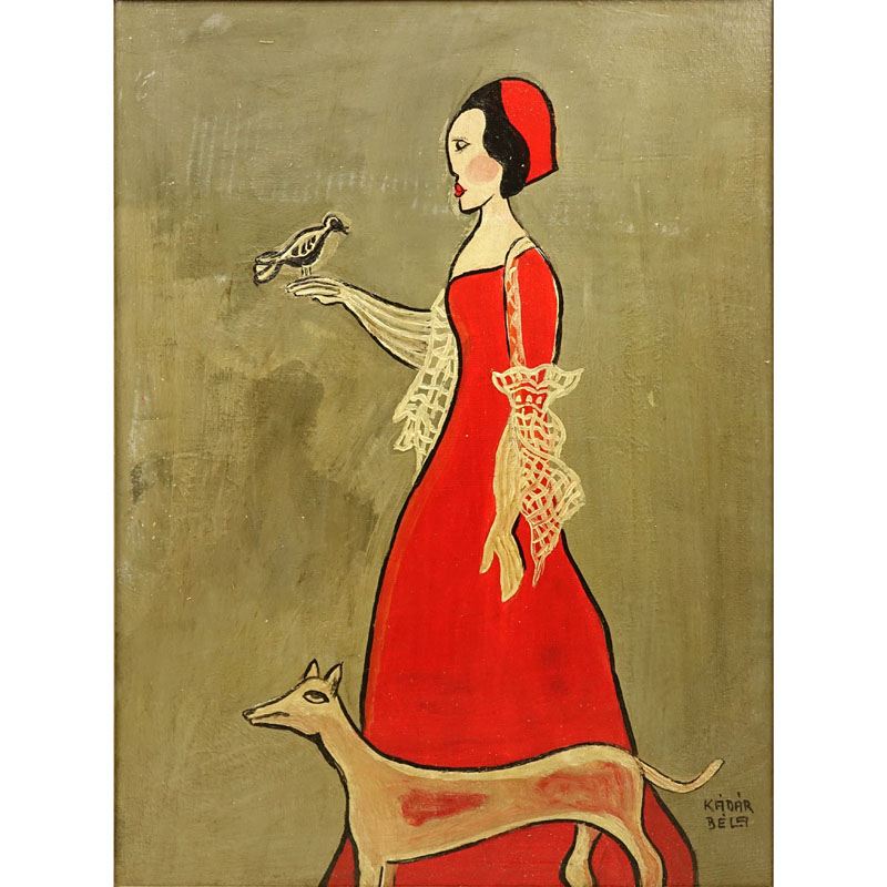 Attributed to: Bela Kadar, Hungarian  (1877-1956) Oil on cardboard "Lady In Red Dress".