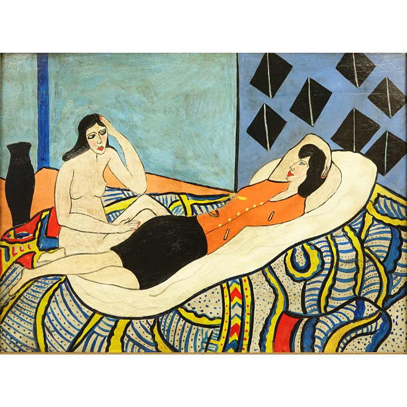 Dutch Modernist School Oil On Cardboard "Nude With Lady In Repose".