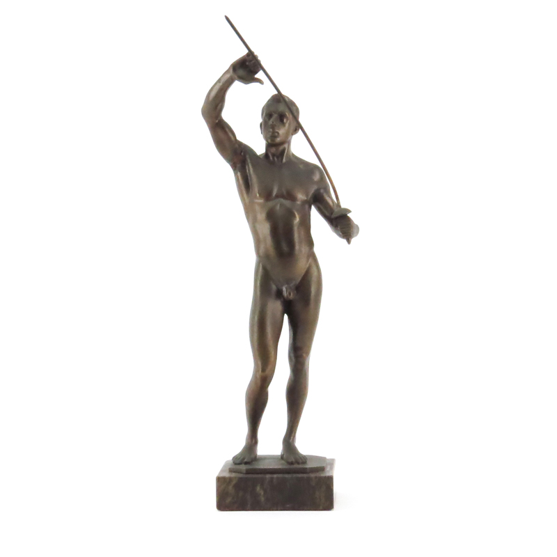 Oskar Bodin, German (1868-1940) "Model of a Fencer" Bronze Sculpture on Marble Base. 
