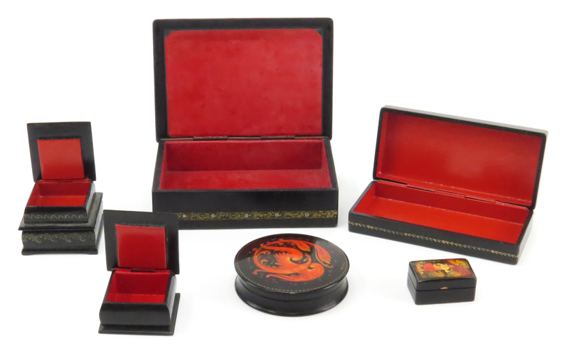 Collection of Six (6) Russian Black Lacquer Boxes.