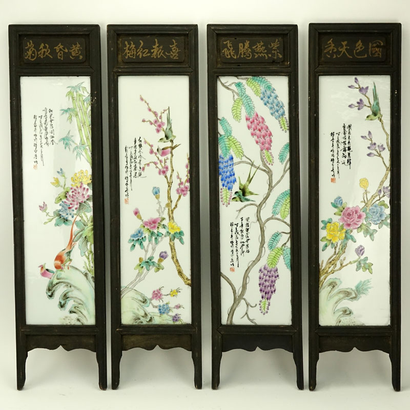 A Chinese Hand painted Porcelain Four Panel Table Screen.