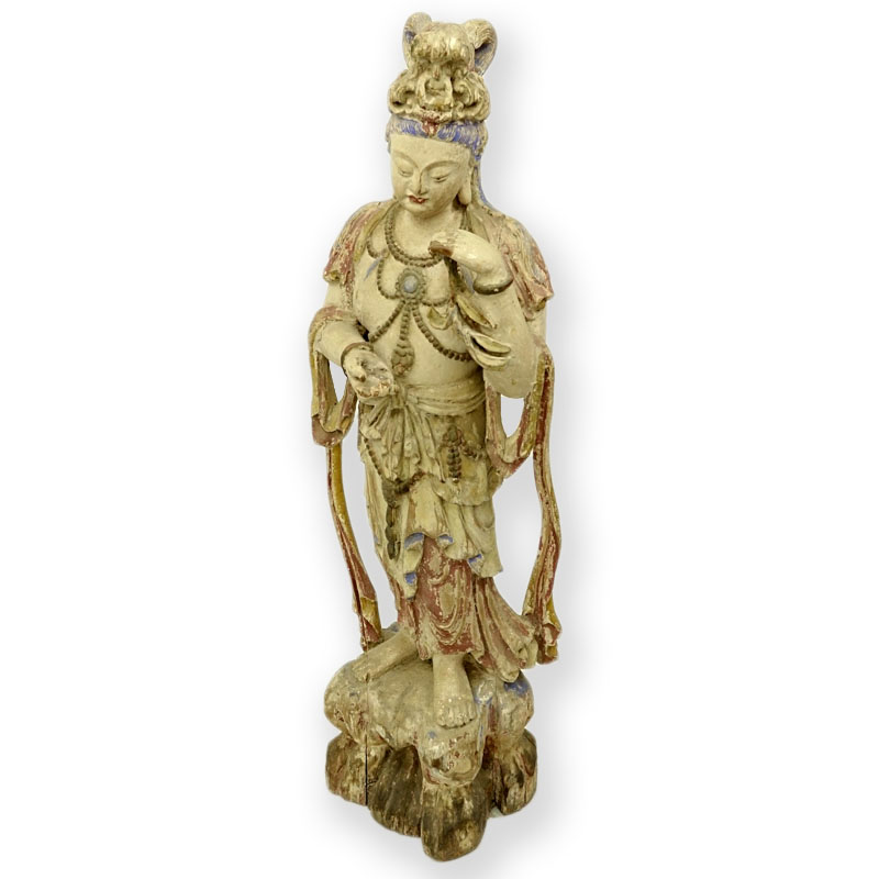 Chinese Ming Style Polychrome Carved Wood Standing Guanyin Sculpture.