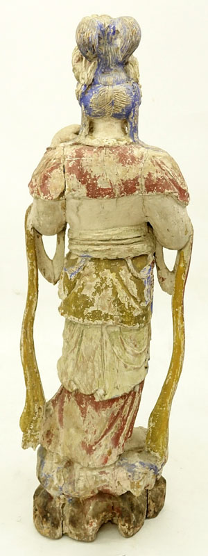 Chinese Ming Style Polychrome Carved Wood Standing Guanyin Sculpture.