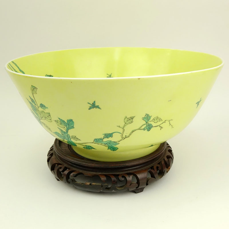 Chinese Export Yellow Porcelain Centerpiece Bowl on Wooden Stand.