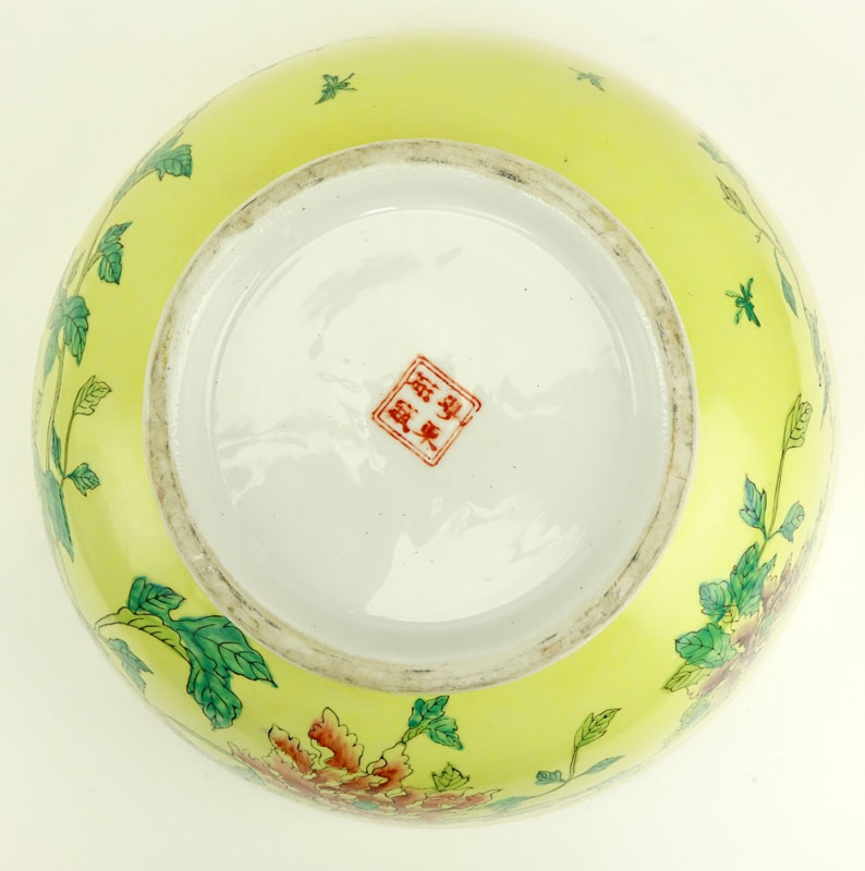 Chinese Export Yellow Porcelain Centerpiece Bowl on Wooden Stand.