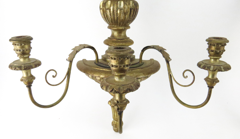 Pair of Italian Neoclassical Style Carved Giltwood 3 Arm Wall Sconces.