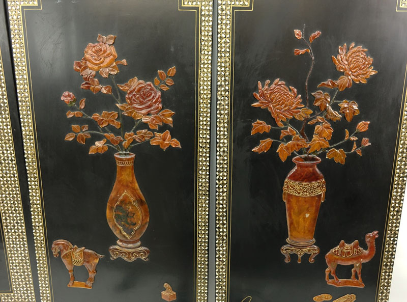 Antique Chinese Mother of Pearl and Agate/Hardstone Inlaid 4 Panel Screen.