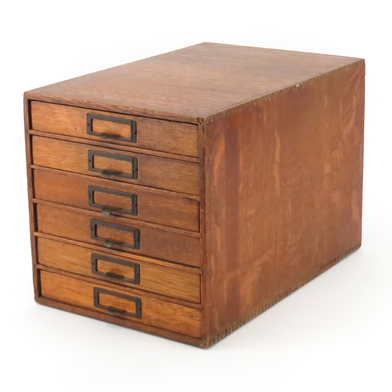 Vintage Oak File Box. Unsigned. Surface wear and scratches from normal use.