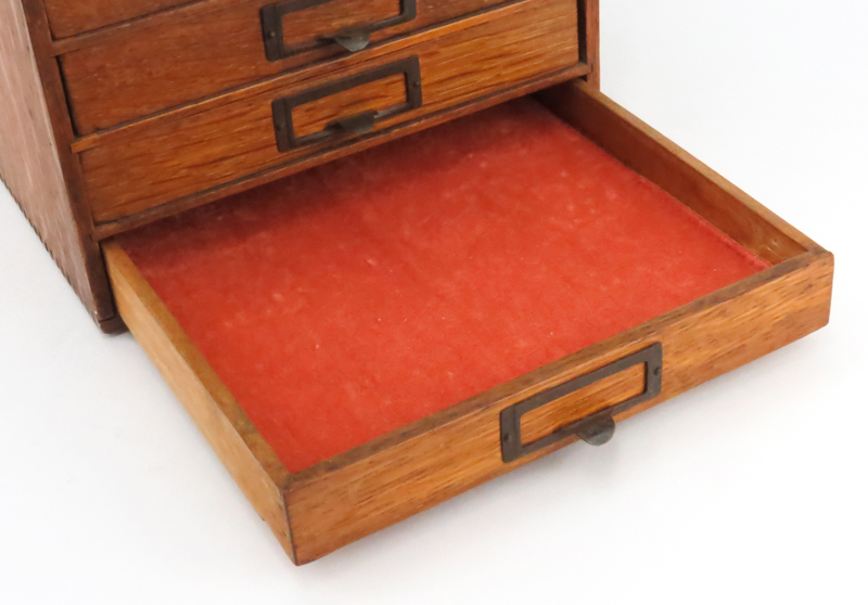 Vintage Oak File Box. Unsigned. Surface wear and scratches from normal use.