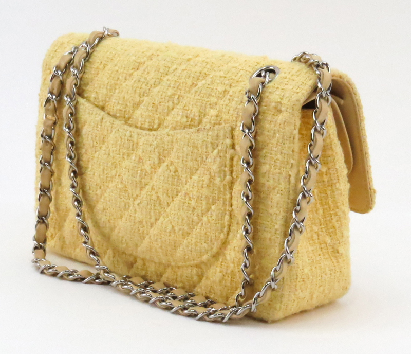 Chanel Yellow Tweed And Leather Double Flap Bag.