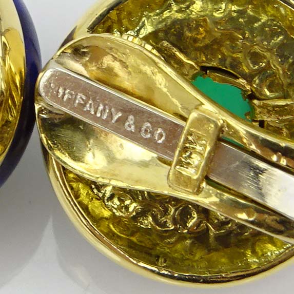 Tiffany & Co 18 Karat Yellow Gold, Lapis Lazuli and Green Onyx Clip Earrings. 