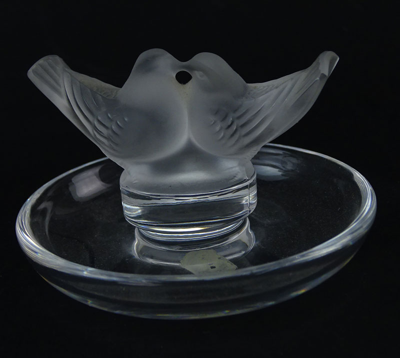 Three (3) Lalique Crystal Objects. Includes bell with bird finial, love bird ring dish, bird paperweight. 
