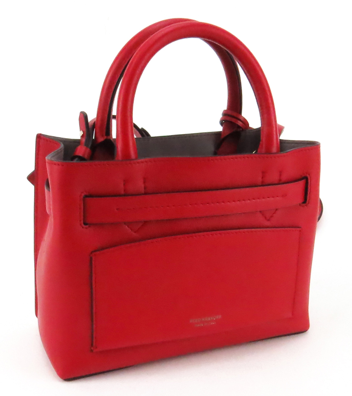 Reed Krakoff Red Leather Mini Tote Bag. Gray interior with pouch pockets.