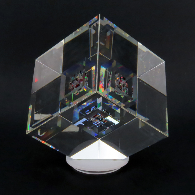 Jon Kuhn, American (B. 1949) Glass Cube Sculpture "Crimson Night".