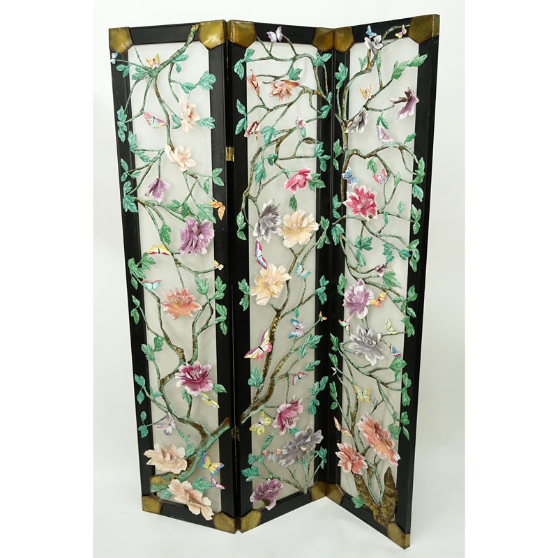 Lee Menichetti (20th C.) Hand Painted Metal Art Butterflies and Flowers 3 Panel Screen.
