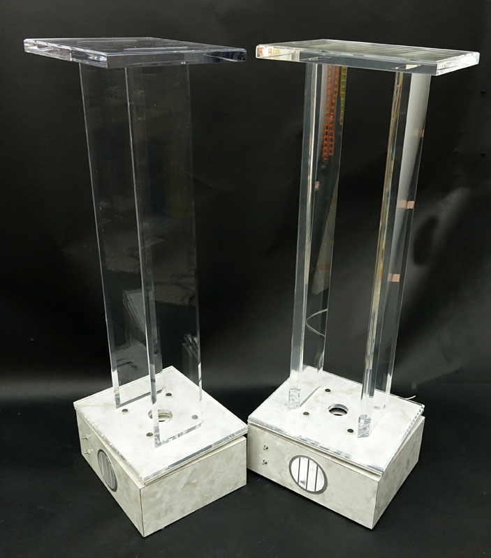 Pair of Modern Lucite and Lacquer Electrified Swivel Pedestals. Marbleized lacquer base with mounted light fixture.